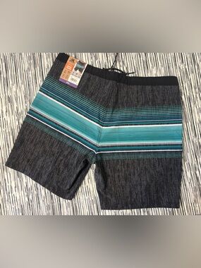 ZeroXposur Black Heather Swim Trunks with Turquoise Stripes